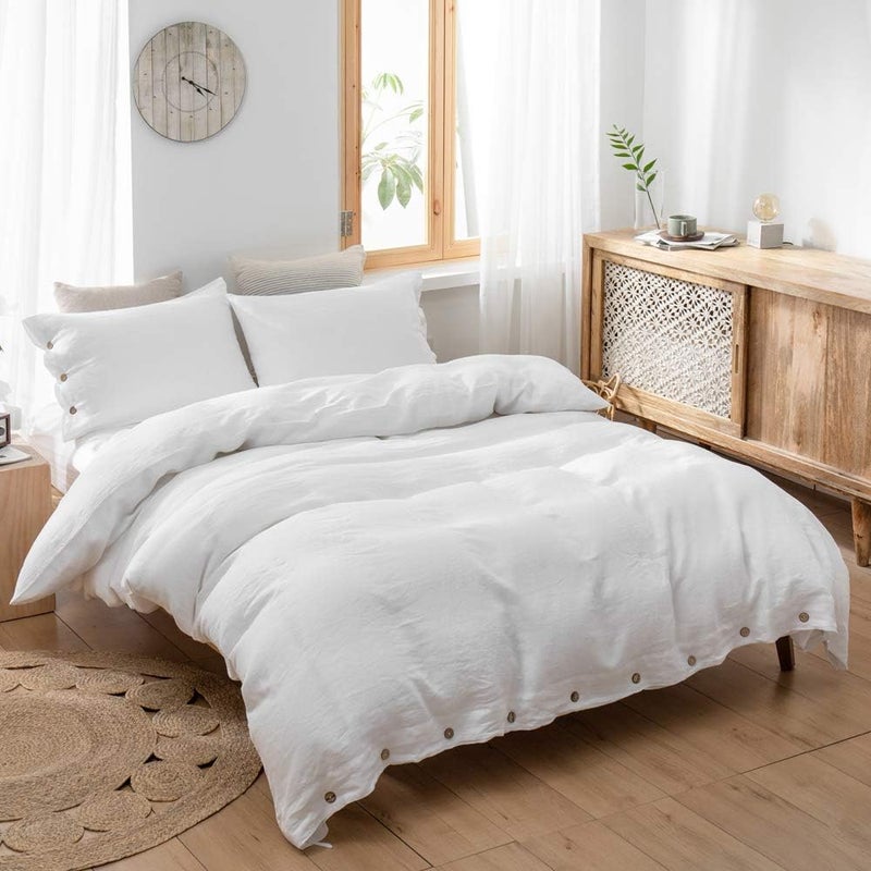 Simple&Opulence 100% Washed Linen Duvet Cover, 3 Pieces Natural Flax French Country Bedding Set, Breathable Farmhouse Comforter Cover with Coconut Button Closure(King,White) - Image 5